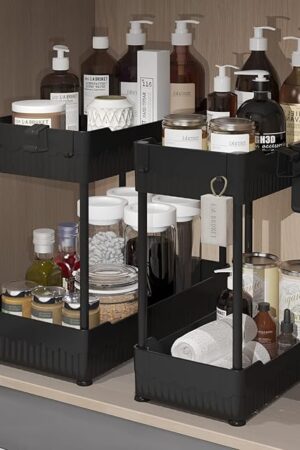 2 Pack Under Sink Organizer, Under Bathroom Cabinet Organizer with Hooks Hanging Cup, Multi-Purpose Storage Shelf for Kitchen Bathroom, Black