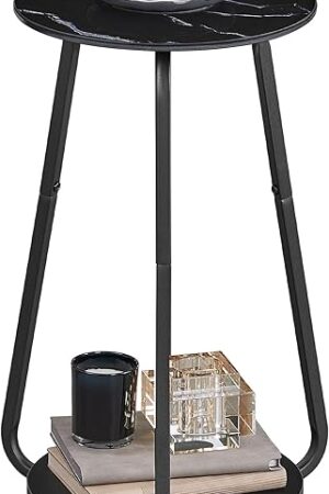 VASAGLE Round Side Table, 2-Tier Nightstand, End Table with Glass Top and Particleboard Shelf, Cocktail Table, for Living Room, Bedroom, Small Spaces, Modern Style, Marble Black ULET287B58
