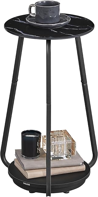 VASAGLE Round Side Table, 2-Tier Nightstand, End Table with Glass Top and Particleboard Shelf, Cocktail Table, for Living Room, Bedroom, Small Spaces, Modern Style, Marble Black ULET287B58