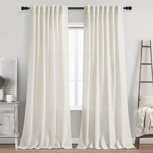 Cream Linen Back Tab Curtains 84 Inch Length for Living Room 2 Panel Set Neutral Modern Farmhouse Window Privacy Semi Sheer Linen Drapes Rustic Pinch Pleated Look Curtain Natural Ivory Colored