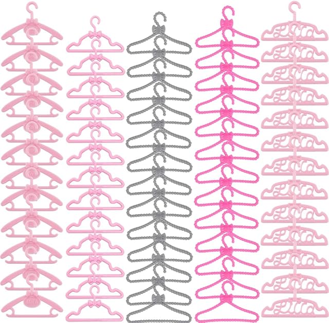 The E-TING 60 Pcs Mini Doll Clothes Hangers Plastic Mixed Little Hangers Doll Clothes Accessories for 11.5 inch Doll Clothes Gown Dress Outfit
