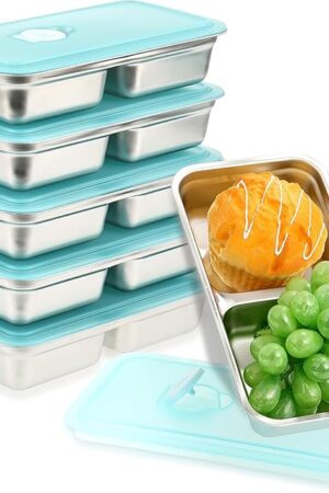 6 Pcs 304 Stainless Steel Bento Boxes, 30 oz 2 Compartments Food Storage Containers Snack Boxes with Leakproof Lids, Divided Meal Prep Lunch Box Food Container Dishwasher Safe