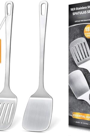 2 Pcs Stainless Steel Spatulas Set, Metal Spatula Solid & Slotted Turner, Heavy Duty Sturdy Spatula for Kitchen Use, High Heat Resistant Cooking Utensils for Fish Eggs Pancakes, Easy to Clean, Silver