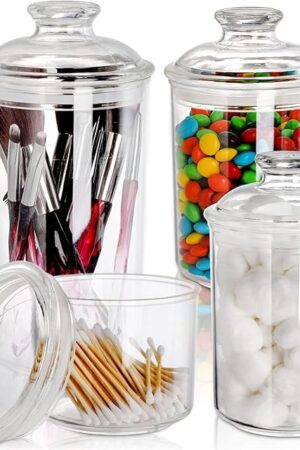 DEAYOU 4 Pack Clear Plastic Apothecary Jars, Plastic Storage Jar Canister with Airtight Lid, Cotton Ball Holder Bathroom, Candy Cookie Container Organizer for Bath Salt, Vanity, 33 Oz/23 Oz/13 Oz