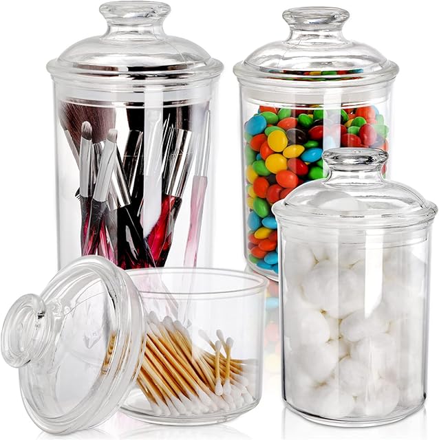 DEAYOU 4 Pack Clear Plastic Apothecary Jars, Plastic Storage Jar Canister with Airtight Lid, Cotton Ball Holder Bathroom, Candy Cookie Container Organizer for Bath Salt, Vanity, 33 Oz/23 Oz/13 Oz