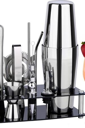 Cocktail Shaker Set Bartender Kit : 15-Piece Bar Tool Set with Acrylic Stand Bars Set with All Practical Bar Accessories, for Drink Mixing, Bar, Home, Lounge & Party, Silver