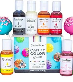 Chefmaster 12 Bottle Set of Candy Colors, True-Tone Shades, Oil-Based, Professional-Grade Dye, Chocolate, Strawberries, Cake Pops, Decorating, Easy-to-Use, Manufactured in the USA, 0.64 oz Each