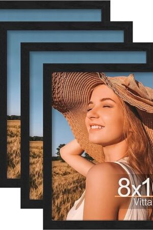 Vittanly 8x10 Picture Frame Set of 4, Display Pictures 5x7 with Mat or 8x10 without Mat, Engineered Wood with Shatter Resistant Plexiglass, Wall Gallery Photo Frames for Wall or Tabletop, Black