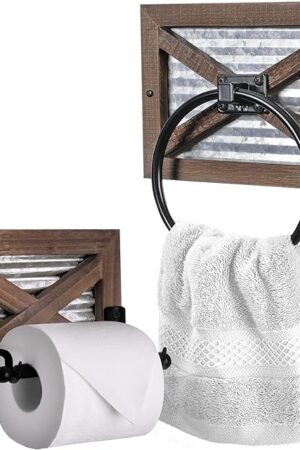 Autumn Alley Farmhouse Toilet Paper Holder and Rustic Towel Holder Set, Wall Mount, Rustic Wall Toilet Paper Holder and Bathroom Hand Towel Holder Decor, Wooden Brown