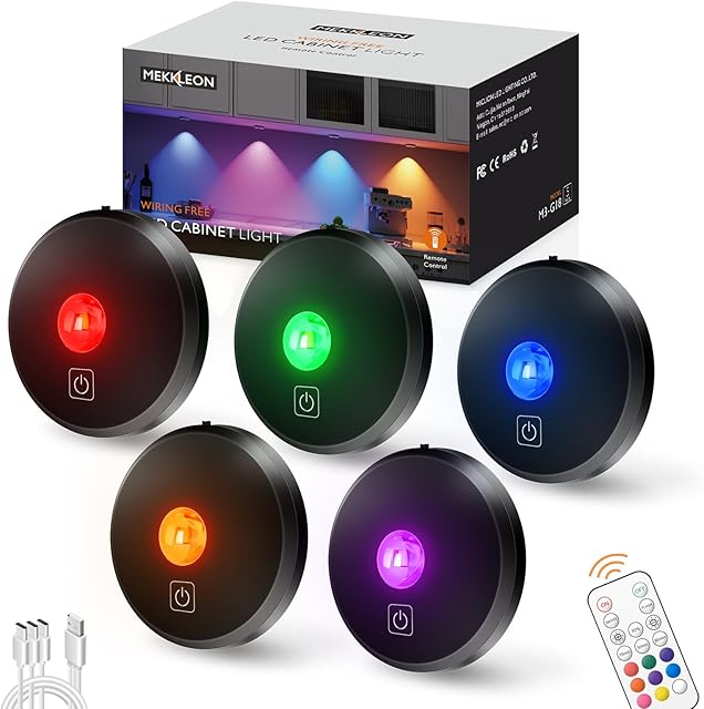 RGB Puck Lights Stick on Led Lights Black 5 Pack