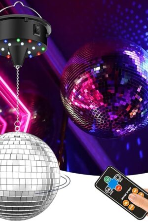 Disco Ball with Motor and Light, 5/8/10/15 RPM Variable Rotating Speed Disco Motor with 6 Inch Mirror Ball, 4 Colors Light with 18 LED Beads, 70s 80s School Theme DJ Party Essentials