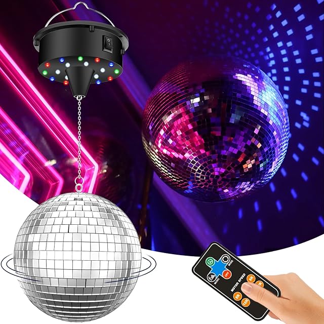 Disco Ball with Motor and Light, 5/8/10/15 RPM Variable Rotating Speed Disco Motor with 6 Inch Mirror Ball, 4 Colors Light with 18 LED Beads, 70s 80s School Theme DJ Party Essentials