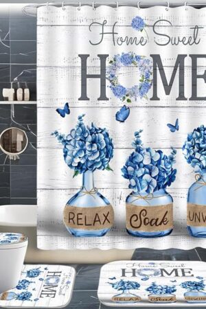 ALEXEX 4 PCS Blue Hydrangea Shower Curtain Sets,Home Sweet Bathroom Set with Shower Curtain and Rugs and Accessories,Farmhouse Country Shower Curtain Bathroom Decor with 12 Hooks,72 X 72 Inches