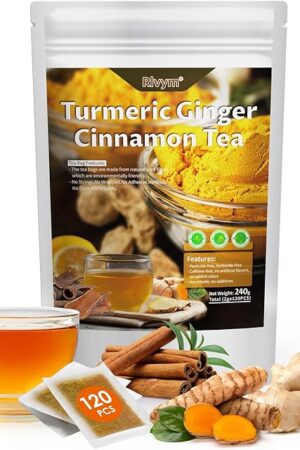 120 Turmeric Ginger Cinnamon Herbal Tea, No Sugar, No Caffeine | Improves Digestion | Supports Skin & Sleep | No Caffeine | Eco-Conscious Teabags | No Gluten | 240g