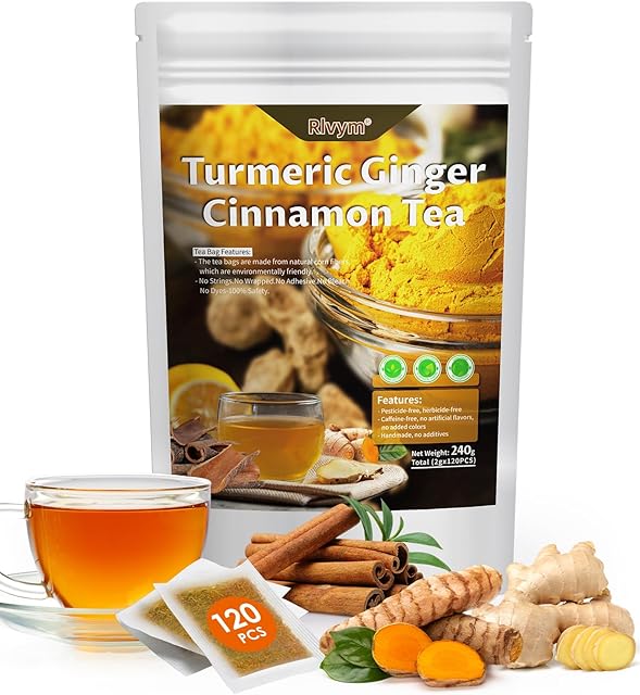120 Turmeric Ginger Cinnamon Herbal Tea, No Sugar, No Caffeine | Improves Digestion | Supports Skin & Sleep | No Caffeine | Eco-Conscious Teabags | No Gluten | 240g