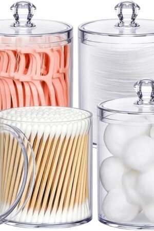 4 Pack Qtip Holder for Bathroom Organizers and Storage, Apothecary Jars with Lids for Home Decor Accessories, Q tip Dispenser Vanity Makeup Canister for Cotton Swab, Ball, Floss,Hair Clips