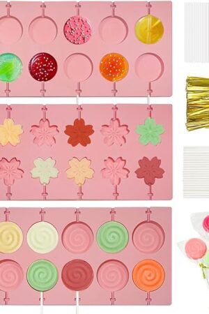 3Pcs Lollipop Mold Kit, 36 Capacity CHELIZIYA 3 Shapes Pink Silicone Candy Molds, Non-Stick Silicone Flower Chocolate Mold with 100Pcs Sticks, 100Pcs Bags, 100Pcs Ties for Party