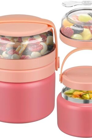 2-in-1 Insulated Food Jar 8oz Soup Thermo with Tritan Snack Container Kids Thermo for Hot Food Lunch Containers Wide Mouth Vacuum Stainless Steel Leak Proof for School Travel