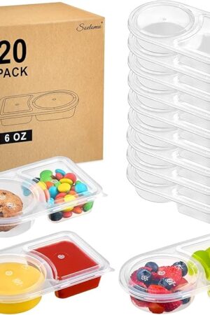 20 Pack 6 oz Pack Small Snack Pack Containers with Lids, 2025 New Plastic Double Compartment Condiment Containers for Dipping Sauce, Travel Snacks