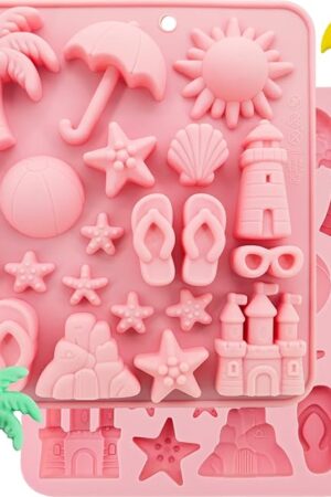 2Pcs Summer Beach Theme Silicone Molds for Chocolate, Coconut Tree Starfish Shells Beacon Pineapple Shape Candy Chocolate Mold for Tropical Summer Party Marine Jello Cookie Ice Cube Baking Mould