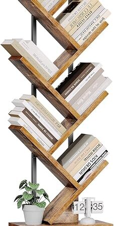 Casaottima 6-Tier Tree Bookshelf for Corner & Small Space — Narrow Steel & Wood Bookcase, Tall Floor Standing Book Organizer Shelf with Storage Cabinet, Home Decor for Living Room, Bedroom, Vintage