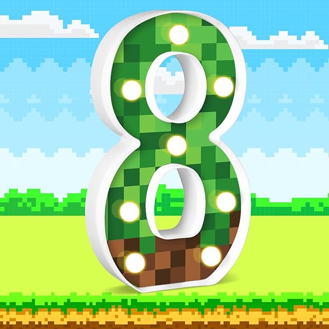 8.5" Pixel Game Birthday Numbers Decorations Happy Birthday Light up Sign Night Light Party Supplies Table Centerpieces (Number 8)