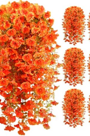 Artificial Fall Flowers for Outdoors Fake Hanging Decoration, 6Pcs Orange Autumn Decor, Realistic Artificial Fall Plants, UV & Fading Resistant Silk Flower for Porch Patio Balcony Planter Yard (Fall)