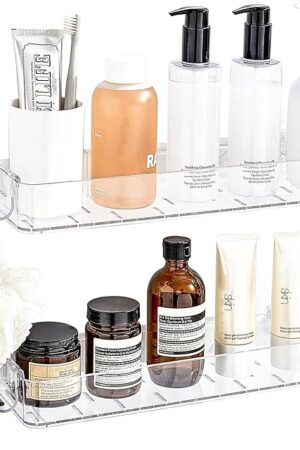 2 Pack Acrylic Shower Shelves, Clear Bathroom Tray with Hooks, Adhesive Wall Mount Shower Caddy Organizer for Bathroom Kitchen Storage