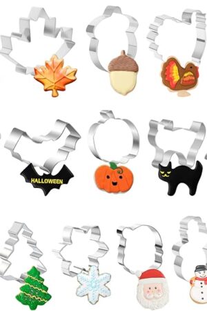 16 PCS Holiday Cookie Cutters,Stainless Steel Molds Cookie Cutters for Halloween,Thanksgiving,Christmas,Pumpkin Maple Ghost Gingerbread Man Tree Shapes Cookie Molds for Baking