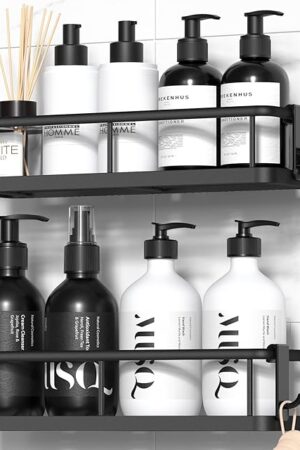 YASONIC Shower Caddy Adhesive, No Drill Bathroom Shower Organizers, with Removable Hooks, Rust Proof Shower Shelves, Wall-Mounted Shower Holder, Black, 2 Pack