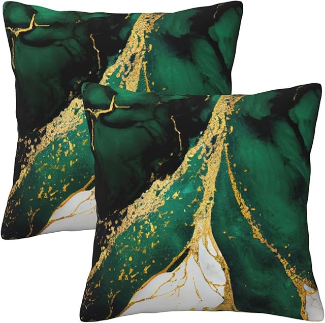 Emerald Green and Gold Throw Pillow Cover 18x18 in Set of 2 Marble Cushion Modern Farmhouse Pillow Covers Soft Pillow Cases for Couch Sofa Bedroom Outdoor Home Decor