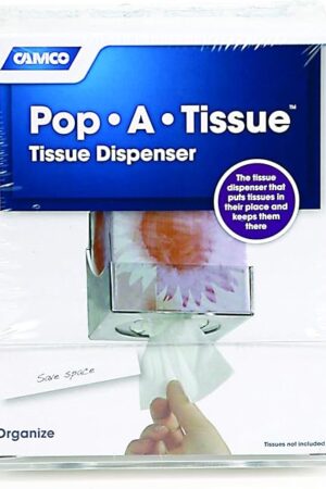 Camco Pop-A-Tissue- Tissue Box Holder- Mounts to Walls and Cabinets, Dispenses Tissue and Holds Tissue Boxes Upward or Downward- Perfect for RVs and Trailers, Easy Install - Clear (57101)