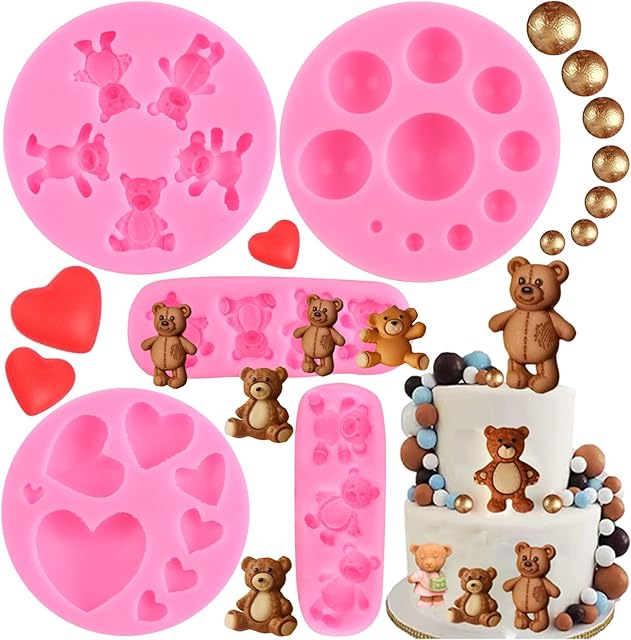 Bear Silicone Fondant Mold Bear Chocolate Candy Molds for Cupcake Topper Cake Decoration Gum Paste Polymer Clay Set Of 5