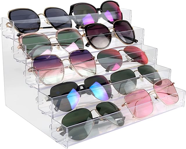 5 Tier Sunglasses Organizer Acrylic Sunglass Holder Nail Polish Organizer Countertop Stand Display No Pungent Acrylic Glue Assembly for Highlighting Glasses,Makeup,Essential Oil