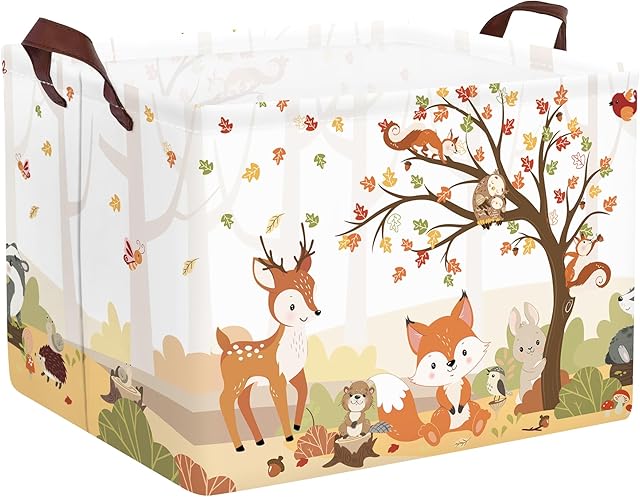 Clastyle Autumn Forest Animals Baby Laundry Hamper Maple Tree Kid Storage Basket Boys Girls Gift Toy Box Collapsible Clothes Organizer Nursery Bin for Bedroom,Fox Squirrel,40 * 30 * 30 cm