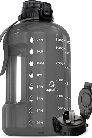 AQUAFIT 1 Gallon Water Jug with Time Marker - BPA Free 128 oz Gym Water Bottle with Straw, Handle, Gray