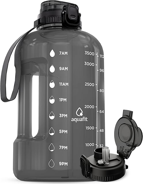 AQUAFIT 1 Gallon Water Jug with Time Marker - BPA Free 128 oz Gym Water Bottle with Straw, Handle, Gray