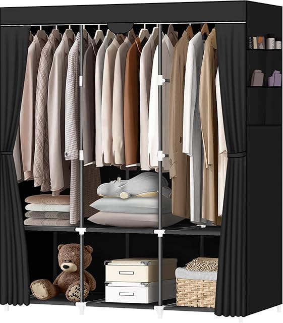 LOKEME Portable Closet, Portable Closets for Hanging Clothes with 3 Hanging Rods and 6 Storage Shelves and 4 Side Pockets, Black Wardrobe Closet Easy to Assemble and Strong and Stable
