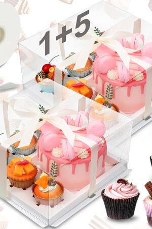 2 Pack 1+5 Bento Cake Boxes Bento Cakes and Cupcakes Combo Clear Box Fit 5 Cupcakes and 1 Mini Cake for Wedding Birthday Party Mother's Day Treats Donuts Muffins Bakery Supplies (White)
