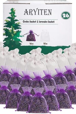 26 Pack Cedar Chips and Natural Dried Lavender Sachets Bags - Stop Clothes Damage, Cedar and Lavendar Home Fragrance for Drawers and Closets