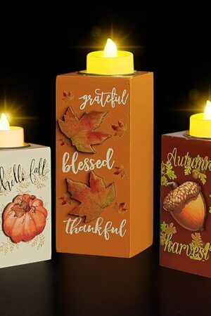 BlcTec Fall Decorations for Home 3 PCS Wood Candle Holders with LED Tea Lights & 3D Carving Craft, Rustic Candle Centerpieces for Home, Table, Office, Tiered Tray Fall Decor Thanksgiving Decorations
