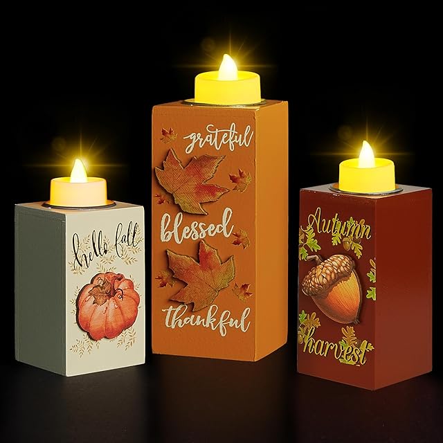 BlcTec Fall Decorations for Home 3 PCS Wood Candle Holders with LED Tea Lights & 3D Carving Craft, Rustic Candle Centerpieces for Home, Table, Office, Tiered Tray Fall Decor Thanksgiving Decorations