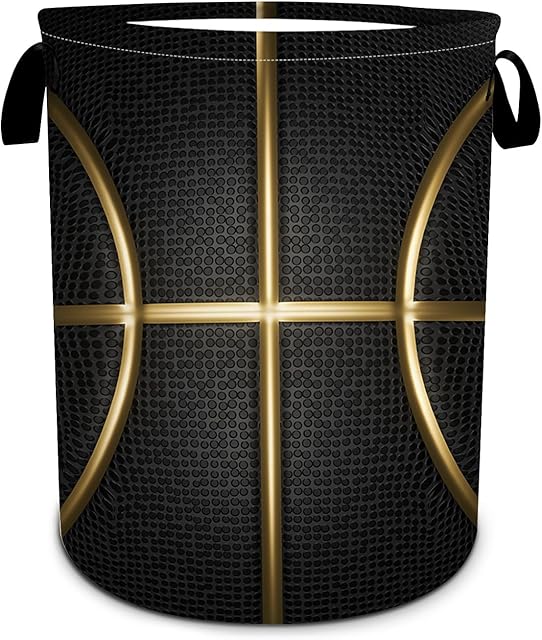 Black and Gold Basketball Laundry Basket, Foldable Waterproof Oxford Cloth Laundry Hamper Funny Tote Bag Dirty Clothes Storage Bucket Toy Organizer for Bathroom/Laundry/Bedroom 15.7"x19.6"