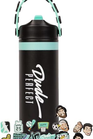 Dude Perfect Water Bottle with Rare Charms | Stainless Steel Double Wall Vacuum Insulation | Leak Proof Flex Straw Lid | NOGGZ for Carry Strap | Sports Grip Reusable Travel Cap for Kids | 24 oz Black