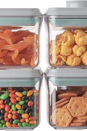 Ankou Airtight Container Set - (380ml 4 Pcs) Stackable One Button Openning Food Containers for Snacks Candy Salt Herbs Spices BPA-Free Tranparent (0.32 QT * 4)