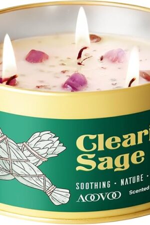 AOOVOO Sage Candle for Cleansing - 3 Wick 12oz Large Scented Candle with Crystals & Sage Leaves Inside, Soy Candles Non Toxic for Meditation Spiritual Gift, Aromatherapy Candle for Women Men