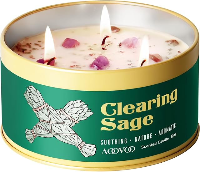 AOOVOO Sage Candle for Cleansing - 3 Wick 12oz Large Scented Candle with Crystals & Sage Leaves Inside, Soy Candles Non Toxic for Meditation Spiritual Gift, Aromatherapy Candle for Women Men