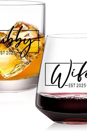 Wedding Gifts for Couples,Hubby & Wifey EST 2025 Wedding Glass Set,Bridal Shower Gifts for Bride and Groom, Newly-Married Anniversary for Him/Her，Mr and Mrs Gift