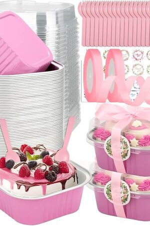 245 PCS 10oz Mini Cake Pans with Lids, 60 Pack 4.4x4.4 Large Aluminium Foil Pan Mini Cake Tins with Lids and Spoons, Square Individual Baking Pan Cup for Wedding, Birthday Party, Picnics