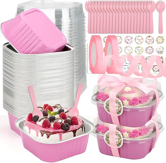 245 PCS 10oz Mini Cake Pans with Lids, 60 Pack 4.4x4.4 Large Aluminium Foil Pan Mini Cake Tins with Lids and Spoons, Square Individual Baking Pan Cup for Wedding, Birthday Party, Picnics